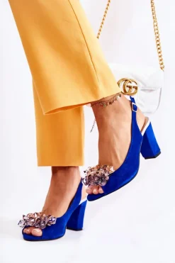 Zamszowe Modne Czółenka Sandały Z Kryształkami Granatowe Nolissa