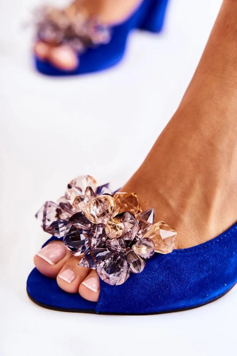 Zamszowe Modne Czółenka Sandały Z Kryształkami Granatowe Nolissa