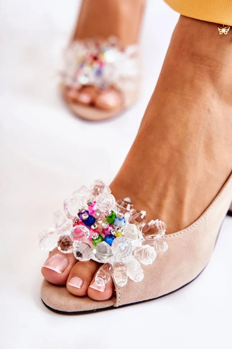 Zamszowe Modne Czółenka Sandały Z Ozdobą Beżowe Meriss