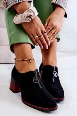 Zamszowe Modne Półbuty Na Słupku Czarno-Czerwone Lorena
