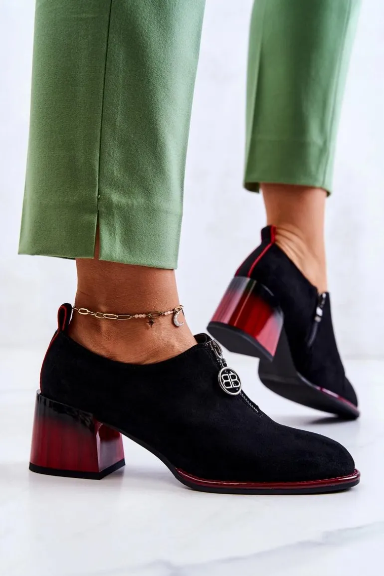 Zamszowe Modne Półbuty Na Słupku Czarno-Czerwone Lorena