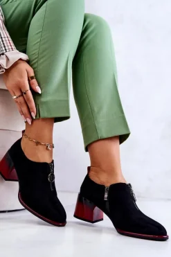 Zamszowe Modne Półbuty Na Słupku Czarno-Czerwone Lorena