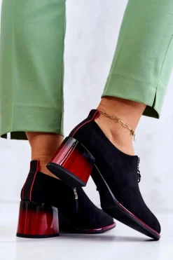 Zamszowe Modne Półbuty Na Słupku Czarno-Czerwone Lorena