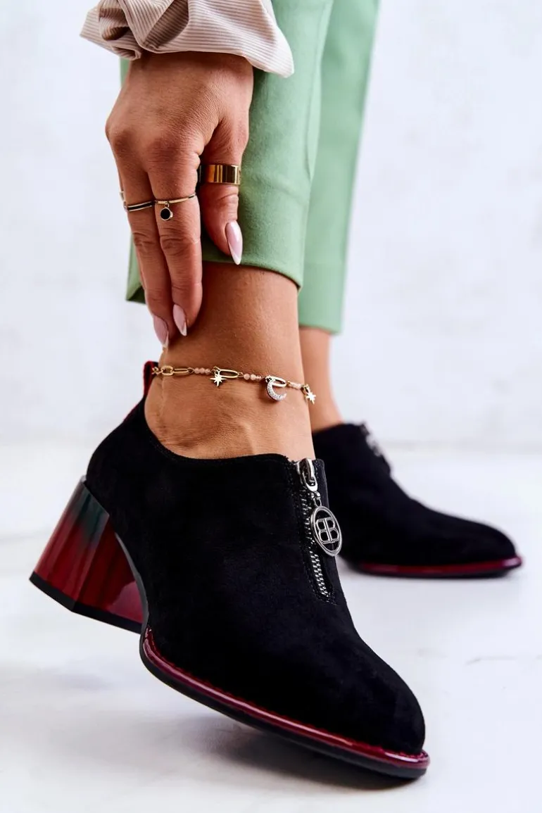 Zamszowe Modne Półbuty Na Słupku Czarno-Czerwone Lorena