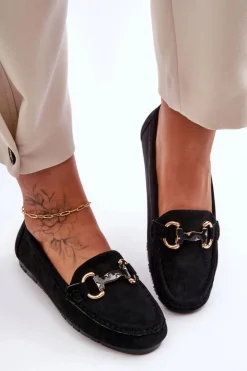 Zamszowe Mokasyny Damskie Z Ozdobą Czarne Dionira