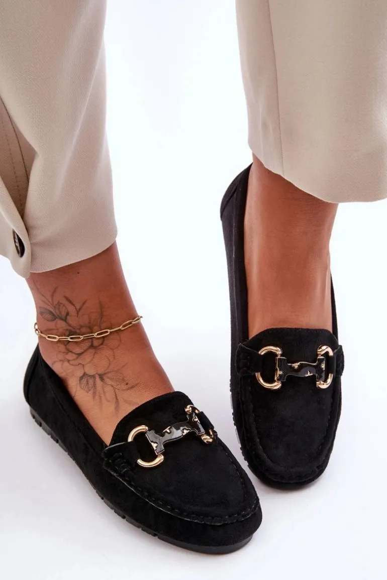 Zamszowe Mokasyny Damskie Z Ozdobą Czarne Dionira