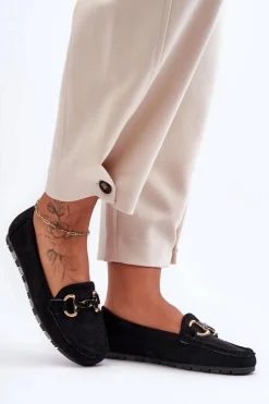 Zamszowe Mokasyny Damskie Z Ozdobą Czarne Dionira