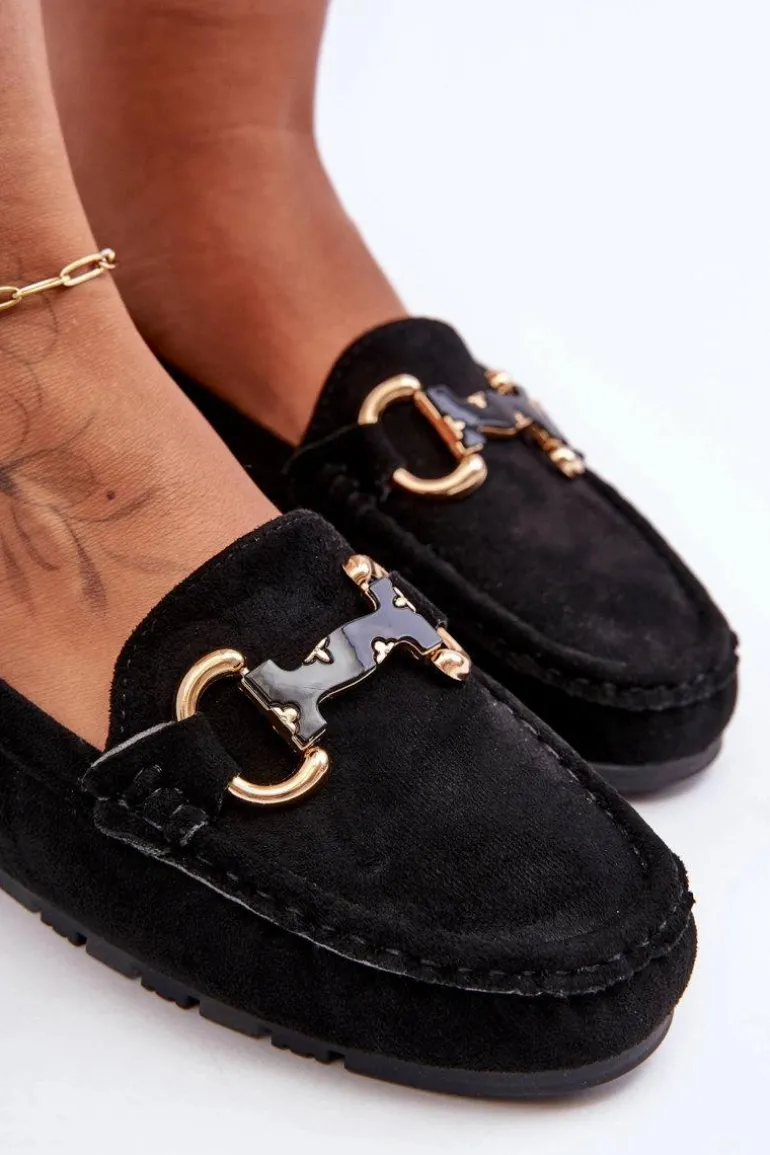 Zamszowe Mokasyny Damskie Z Ozdobą Czarne Dionira