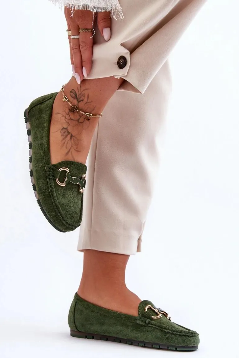 Zamszowe Mokasyny Damskie Z Ozdobą Zielone Dionira