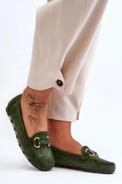 Zamszowe Mokasyny Damskie Z Ozdobą Zielone Dionira