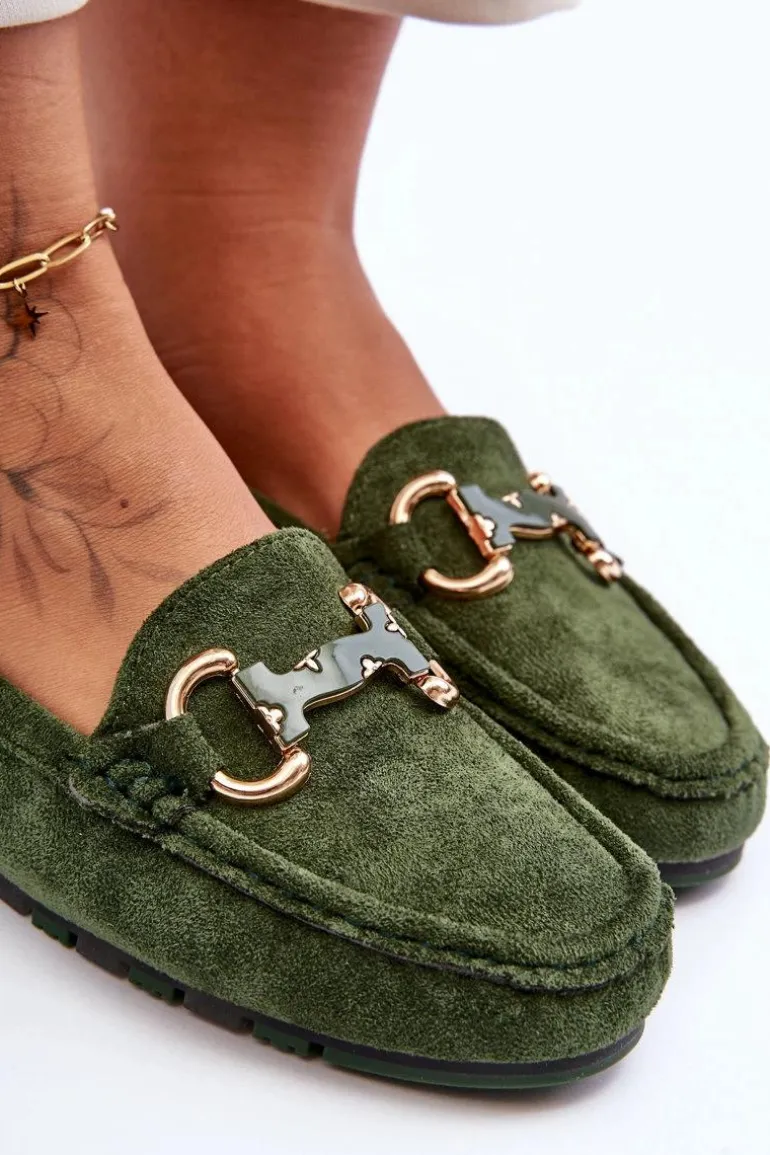 Zamszowe Mokasyny Damskie Z Ozdobą Zielone Dionira