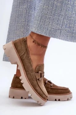 Zamszowe Mokasyny Damskie Z Ozdobą D&A TW117 Brązowe