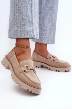 Zamszowe Mokasyny Damskie Z Ozdobą D&A TW117 Beżowe