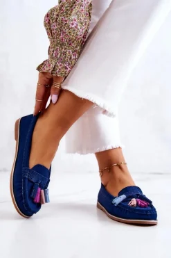 Zamszowe Mokasyny Damskie Z Frędzlami Granatowe Laressa