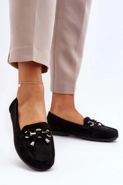 Zamszowe Mokasyny Damskie Ozdobą Czarne Daphikaia