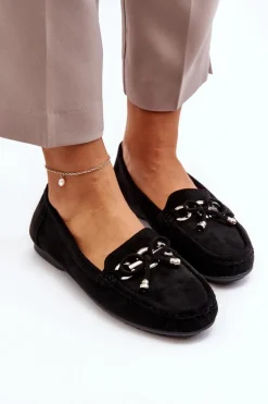 Zamszowe Mokasyny Damskie Ozdobą Czarne Daphikaia
