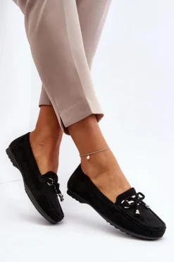 Zamszowe Mokasyny Damskie Ozdobą Czarne Daphikaia