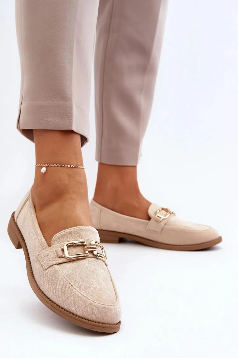 Zamszowe Mokasyny Damskie Na Płaskim Obcasie Beżowe Misal