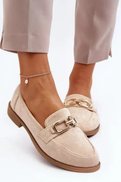 Zamszowe Mokasyny Damskie Na Płaskim Obcasie Beżowe Misal