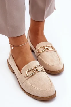 Zamszowe Mokasyny Damskie Na Płaskim Obcasie Beżowe Misal