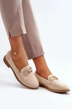 Zamszowe Mokasyny Damskie Na Płaskim Obcasie Beżowe Misal