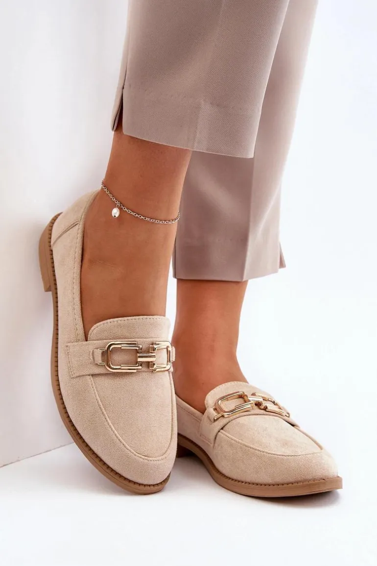 Zamszowe Mokasyny Damskie Na Płaskim Obcasie Beżowe Misal