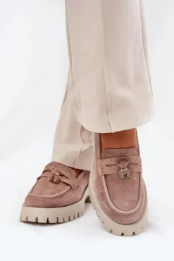 Zamszowe Mokasyny Damskie Z Przypinką Miś Vinceza 79533 Beżowe