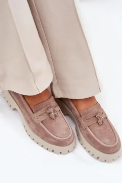 Zamszowe Mokasyny Damskie Z Przypinką Miś Vinceza 79533 Beżowe