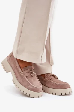 Zamszowe Mokasyny Damskie Z Przypinką Miś Vinceza 79533 Beżowe