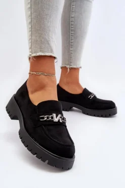 Zamszowe Mokasyny Damskie Z Ozdobą Czarne Loraleima