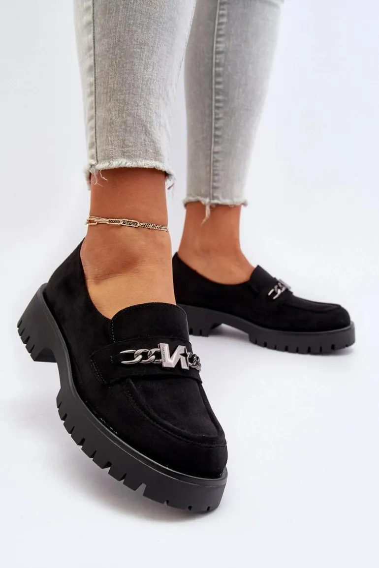 Zamszowe Mokasyny Damskie Z Ozdobą Czarne Loraleima