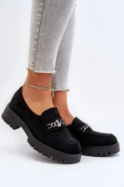 Zamszowe Mokasyny Damskie Z Ozdobą Czarne Loraleima