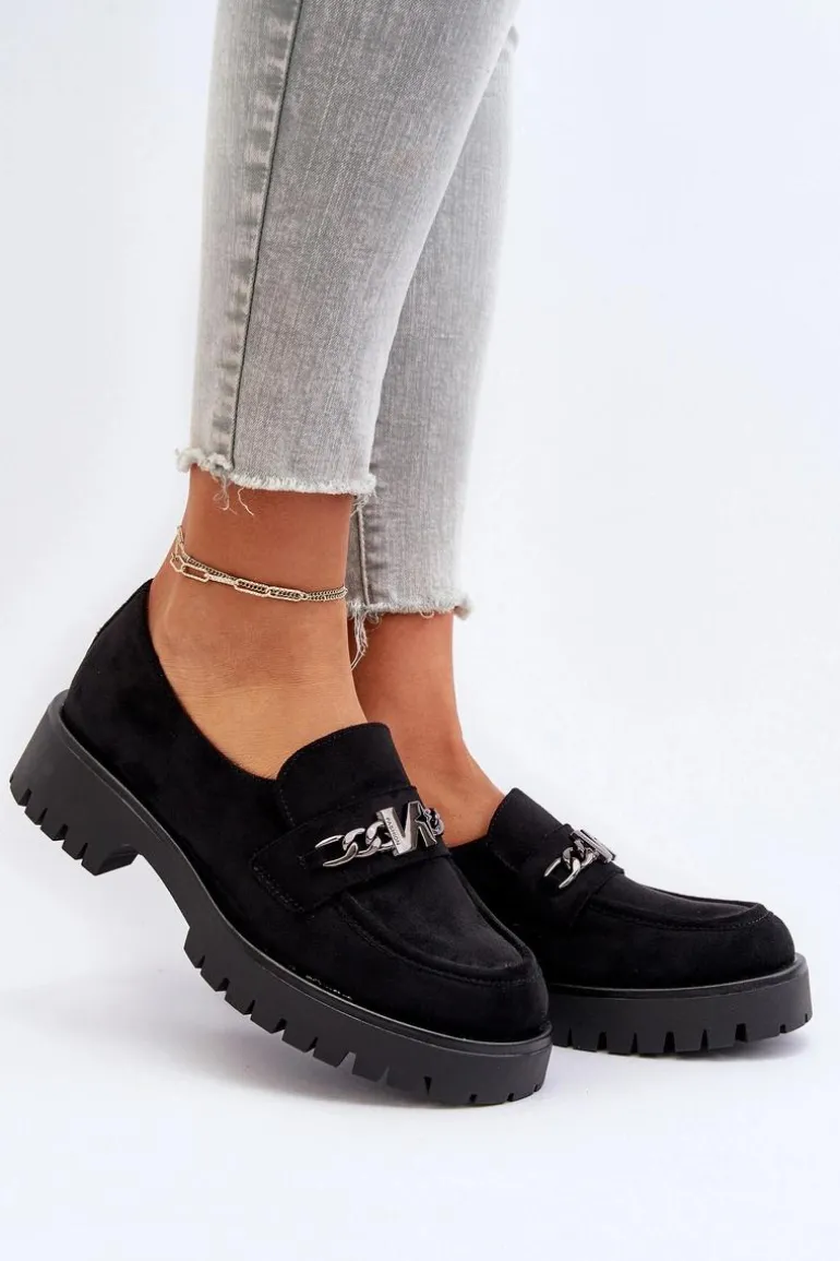 Zamszowe Mokasyny Damskie Z Ozdobą Czarne Loraleima