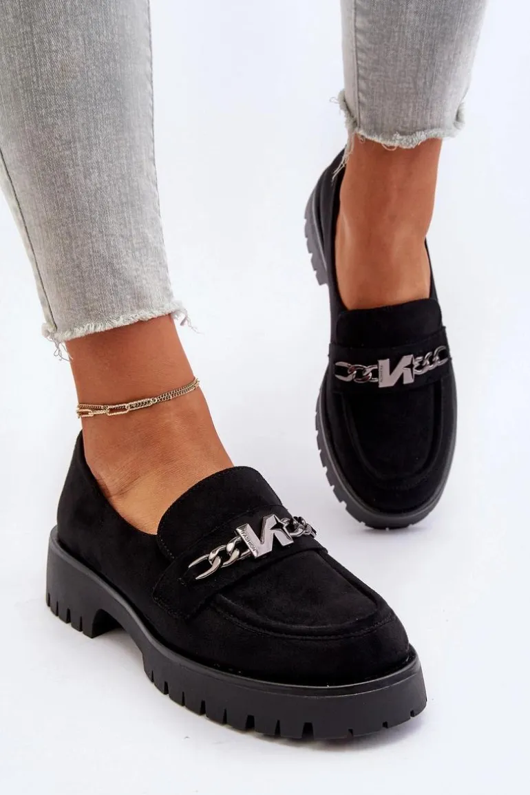 Zamszowe Mokasyny Damskie Z Ozdobą Czarne Loraleima