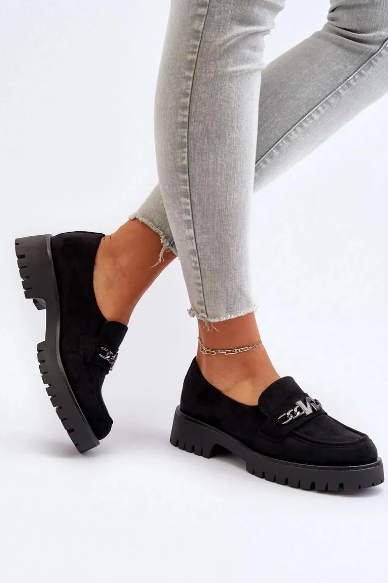 Zamszowe Mokasyny Damskie Z Ozdobą Czarne Loraleima