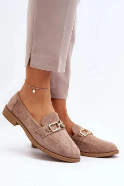 Zamszowe Mokasyny Damskie Na Płaskim Obcasie Ciemnobeżowe Misal