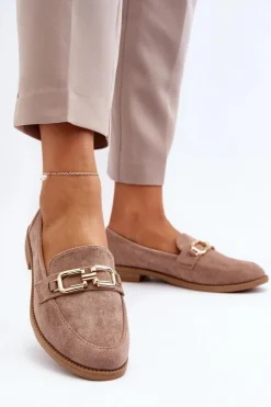 Zamszowe Mokasyny Damskie Na Płaskim Obcasie Ciemnobeżowe Misal