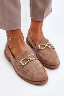 Zamszowe Mokasyny Damskie Na Płaskim Obcasie Ciemnobeżowe Misal