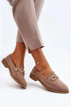 Zamszowe Mokasyny Damskie Na Płaskim Obcasie Ciemnobeżowe Misal