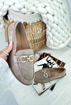 Zamszowe Mokasyny Damskie Na Płaskim Obcasie Ciemnobeżowe Misal