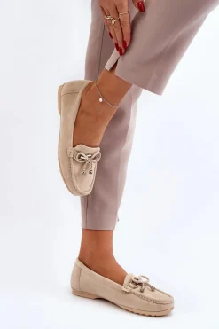 Zamszowe Mokasyny Damskie Ozdobą Beżowe Daphikaia