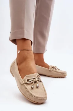 Zamszowe Mokasyny Damskie Ozdobą Beżowe Daphikaia