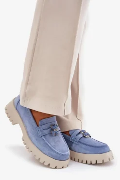 Zamszowe Mokasyny Damskie Z Przypinką Miś Vinceza 79533 Niebieskie