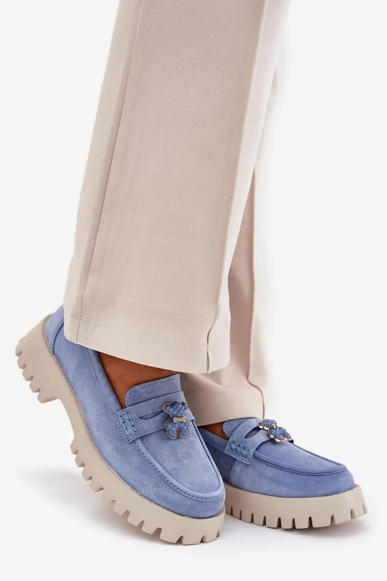 Zamszowe Mokasyny Damskie Z Przypinką Miś Vinceza 79533 Niebieskie