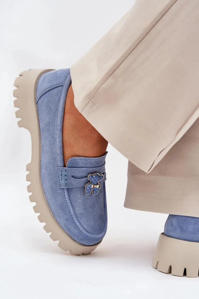 Zamszowe Mokasyny Damskie Z Przypinką Miś Vinceza 79533 Niebieskie