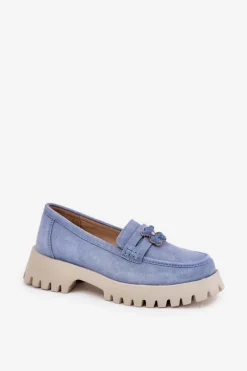 Zamszowe Mokasyny Damskie Z Przypinką Miś Vinceza 79533 Niebieskie