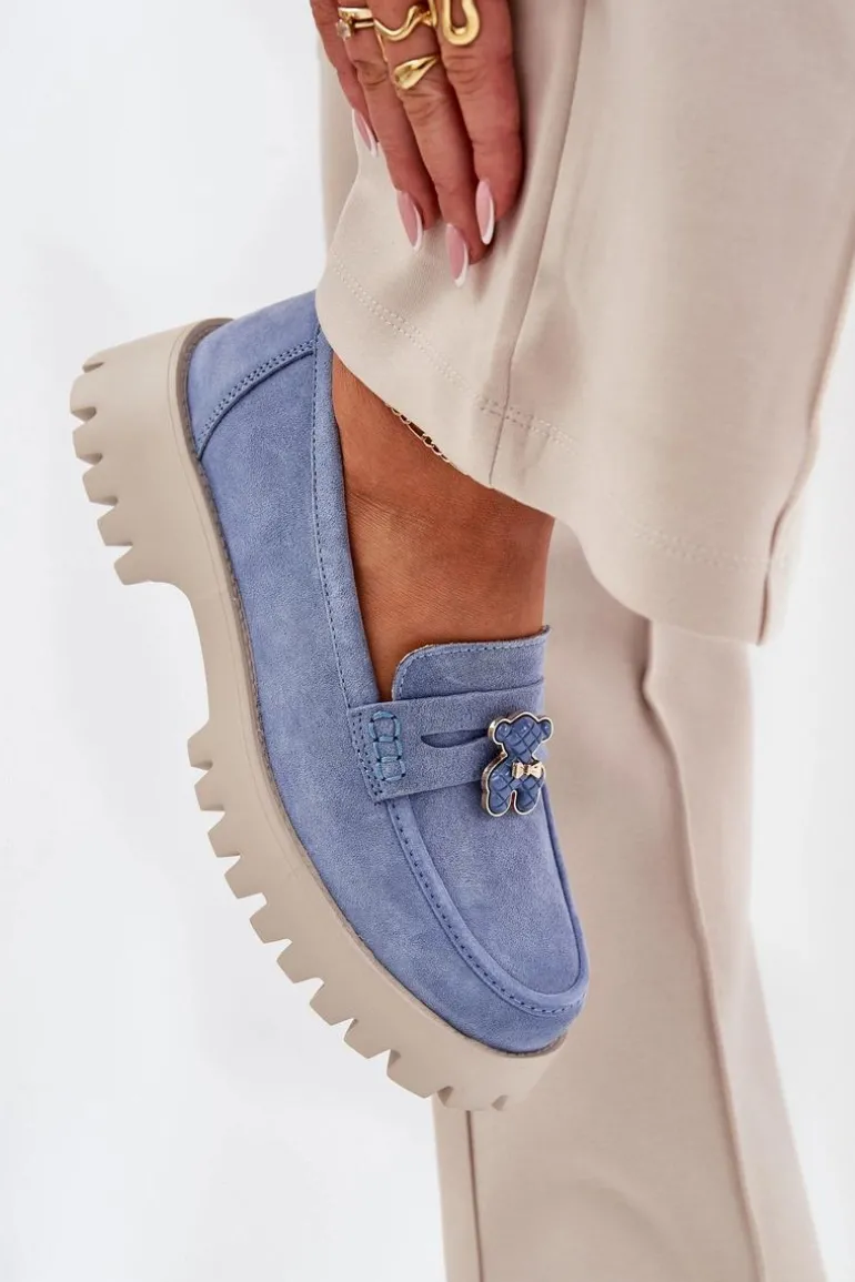 Zamszowe Mokasyny Damskie Z Przypinką Miś Vinceza 79533 Niebieskie