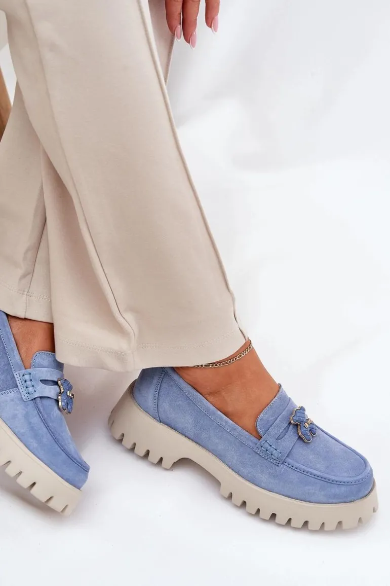 Zamszowe Mokasyny Damskie Z Przypinką Miś Vinceza 79533 Niebieskie