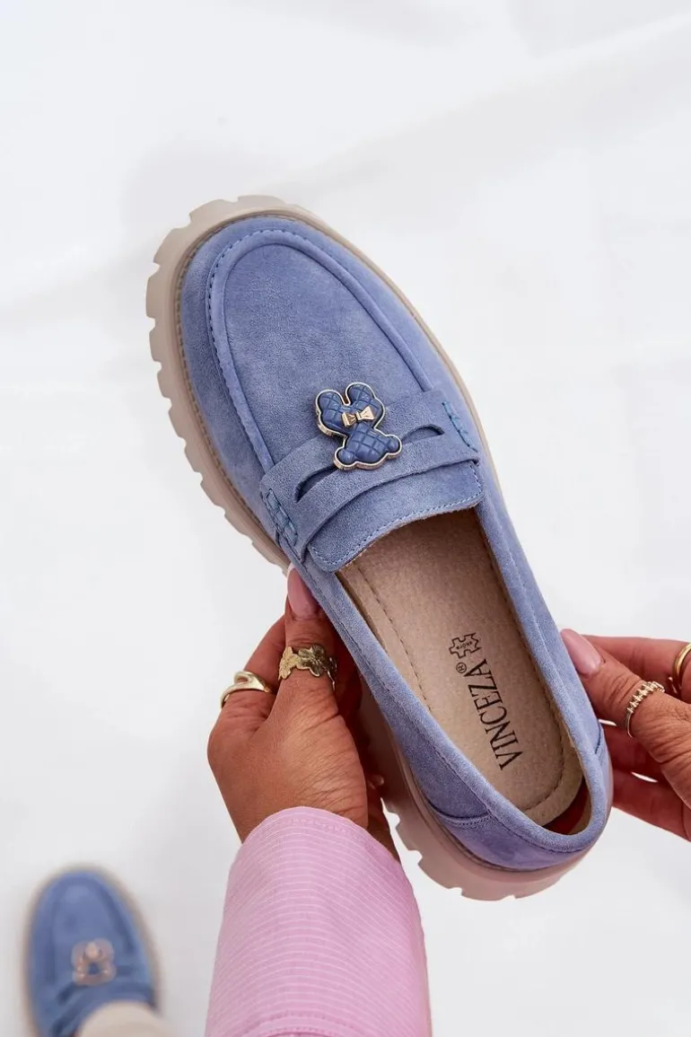 Zamszowe Mokasyny Damskie Z Przypinką Miś Vinceza 79533 Niebieskie