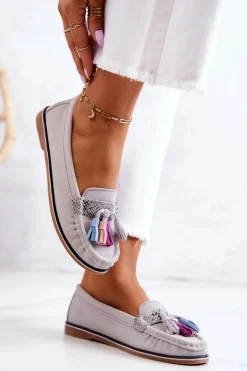 Zamszowe Mokasyny Damskie Z Frędzlami Szare Laressa